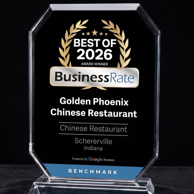 A clear acrylic award for "Best of 2026" from BusinessRate, for Golden Phoenix Chinese Restaurant.